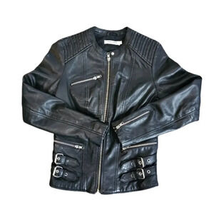 Naf Naf Women's Black Zipper Front Biker Leather Jacket Size 34